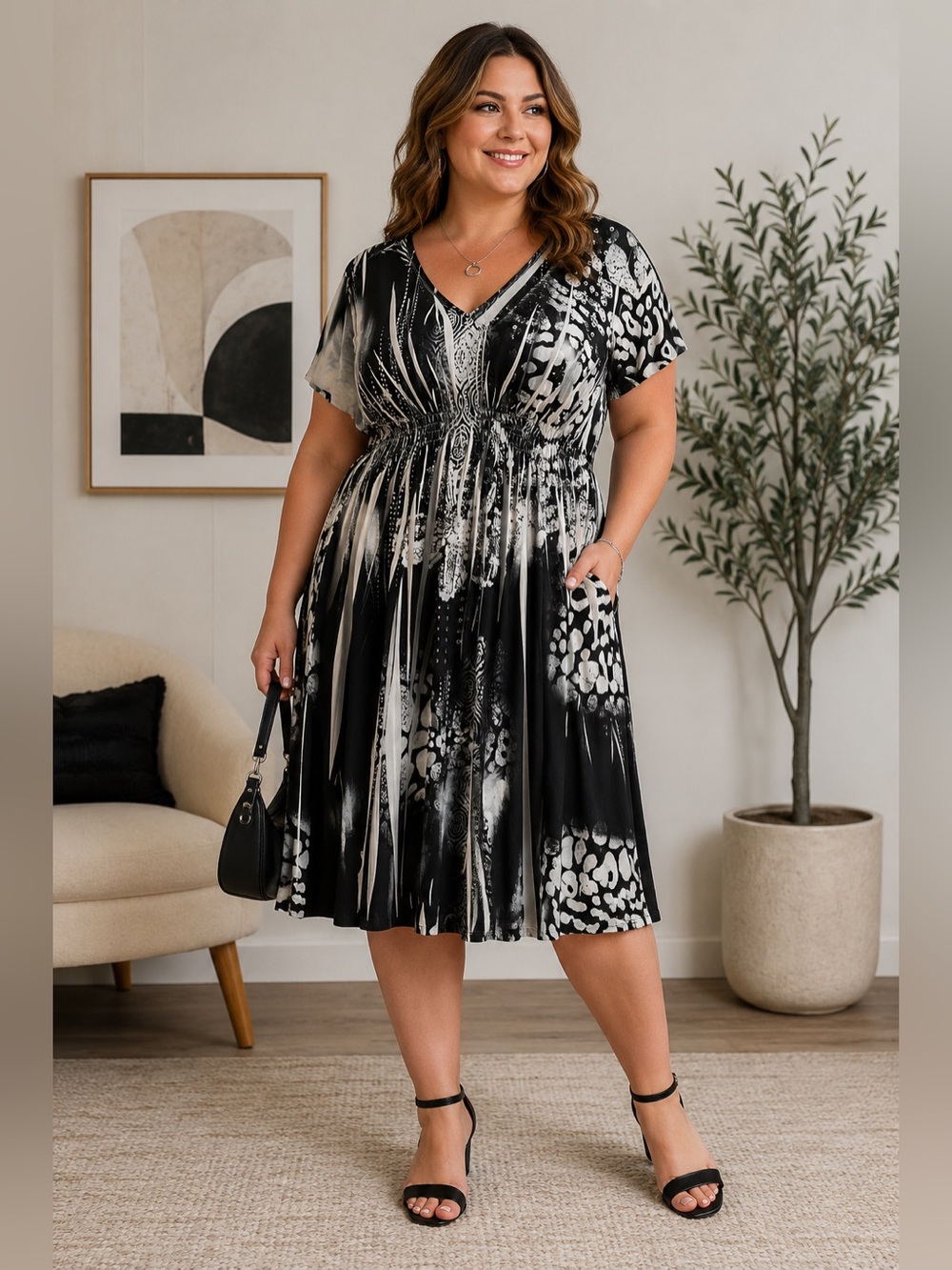 Unity World Wear Black & White Printed Midi Dress
